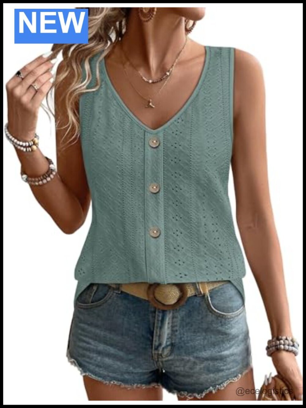 Eyelet V Neck Sleeveless Tank Top - Loose Casual Summer Top Soft Flowy